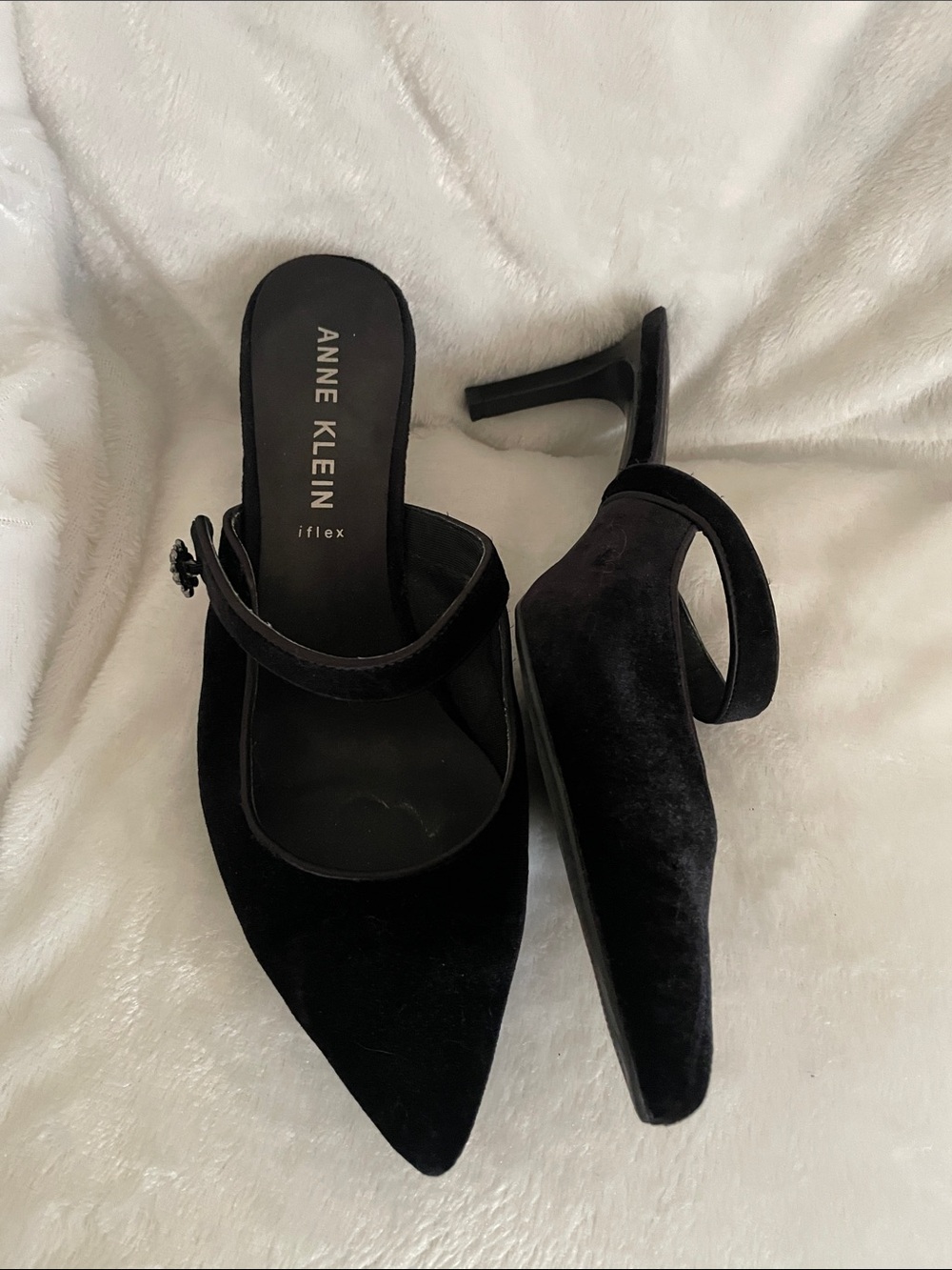 Anne Klein Black Velvet Pointed Mary Jane Mules
